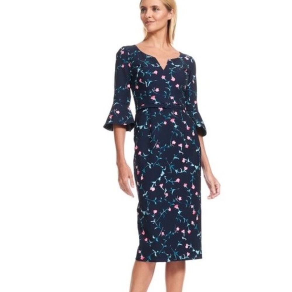 David Meister Navy Pink Floral Midi Length Shift Dress - Size 10 - EUC